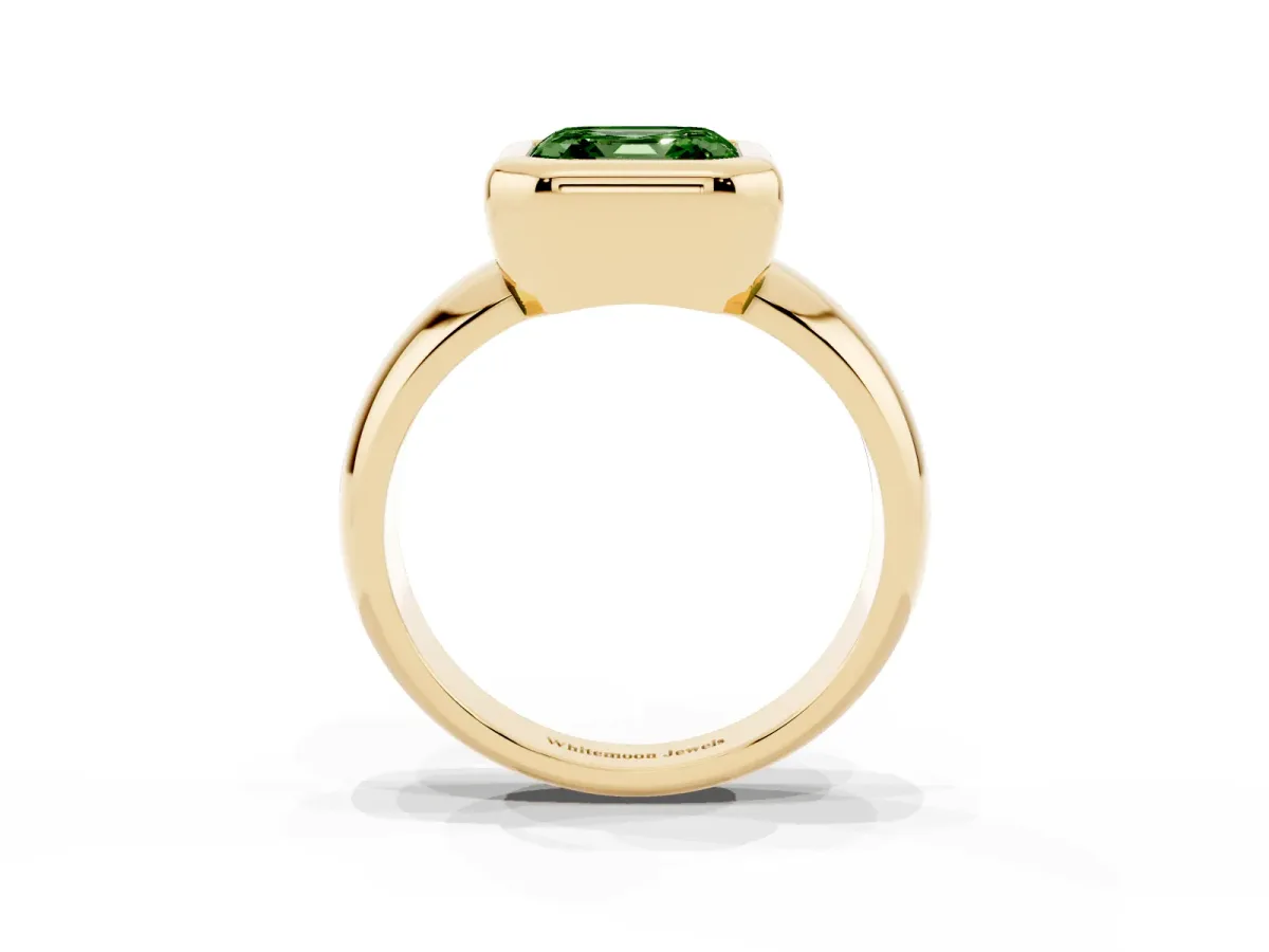 Fancy Green Bezel Set Asscher Cut Solitaire Ring with Wide Band Yellow gold