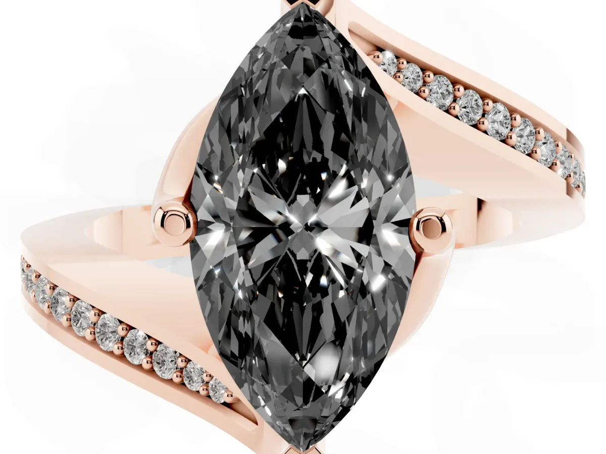 Fancy Black Marquise Cut Solitaire Diamond Twist Band with Pavé Setting and Four-Prong Setting Rose gold