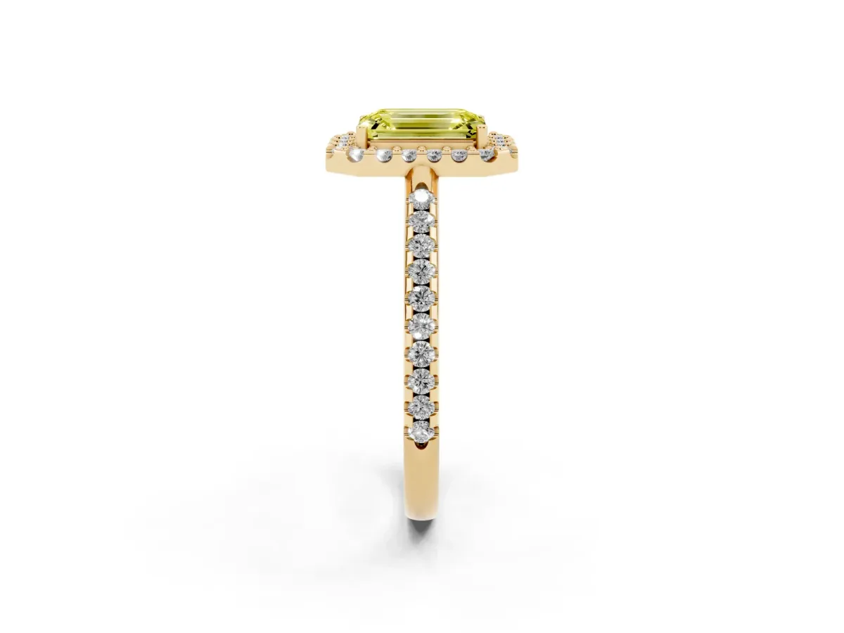 Fancy Yellow Emerald Cut Diamond Pavé Halo Ring with Four-Prong Setting Yellow gold
