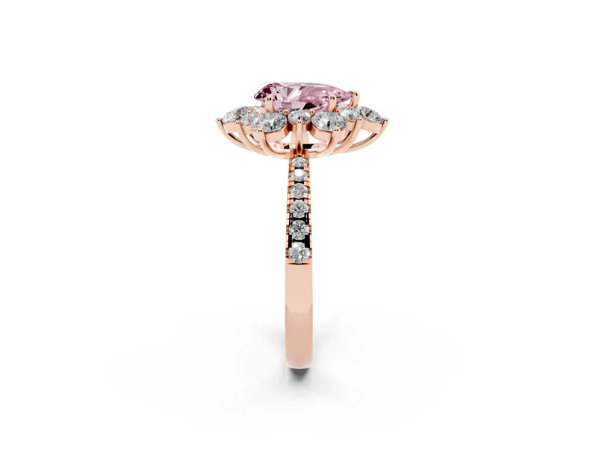 Fancy Pink Pear Cut Diamond Floral Halo Ring with Round Pavé Band and Prong Setting Rose gold