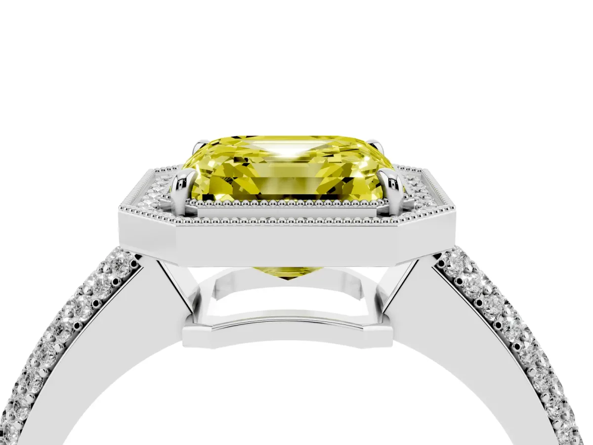 Fancy Yellow Asscher Cut Cut Halo Diamond Pave Band with Four-Prong Setting Silver