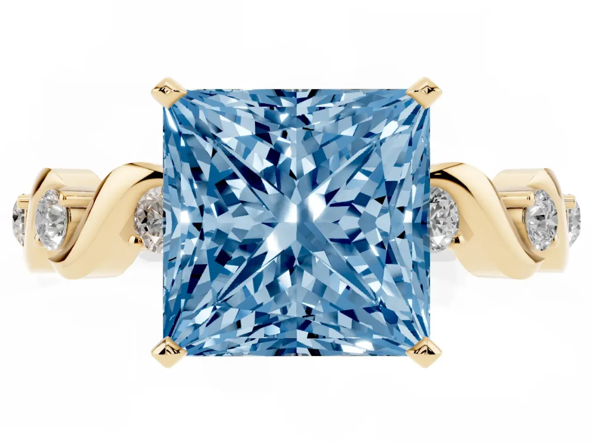 Fancy Blue Princess Cut Diamond Solitaire Twisted Band with Round Accents and Prong Setting Yellow gold