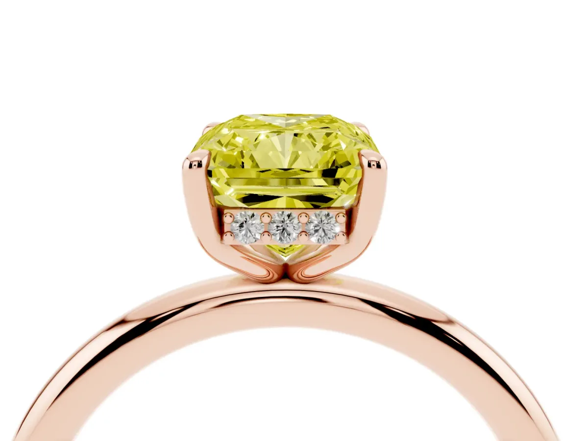 Fancy Yellow Radiant Cut Diamond Solitaire Ring with Thin Band and Four-Prong Setting Rose gold
