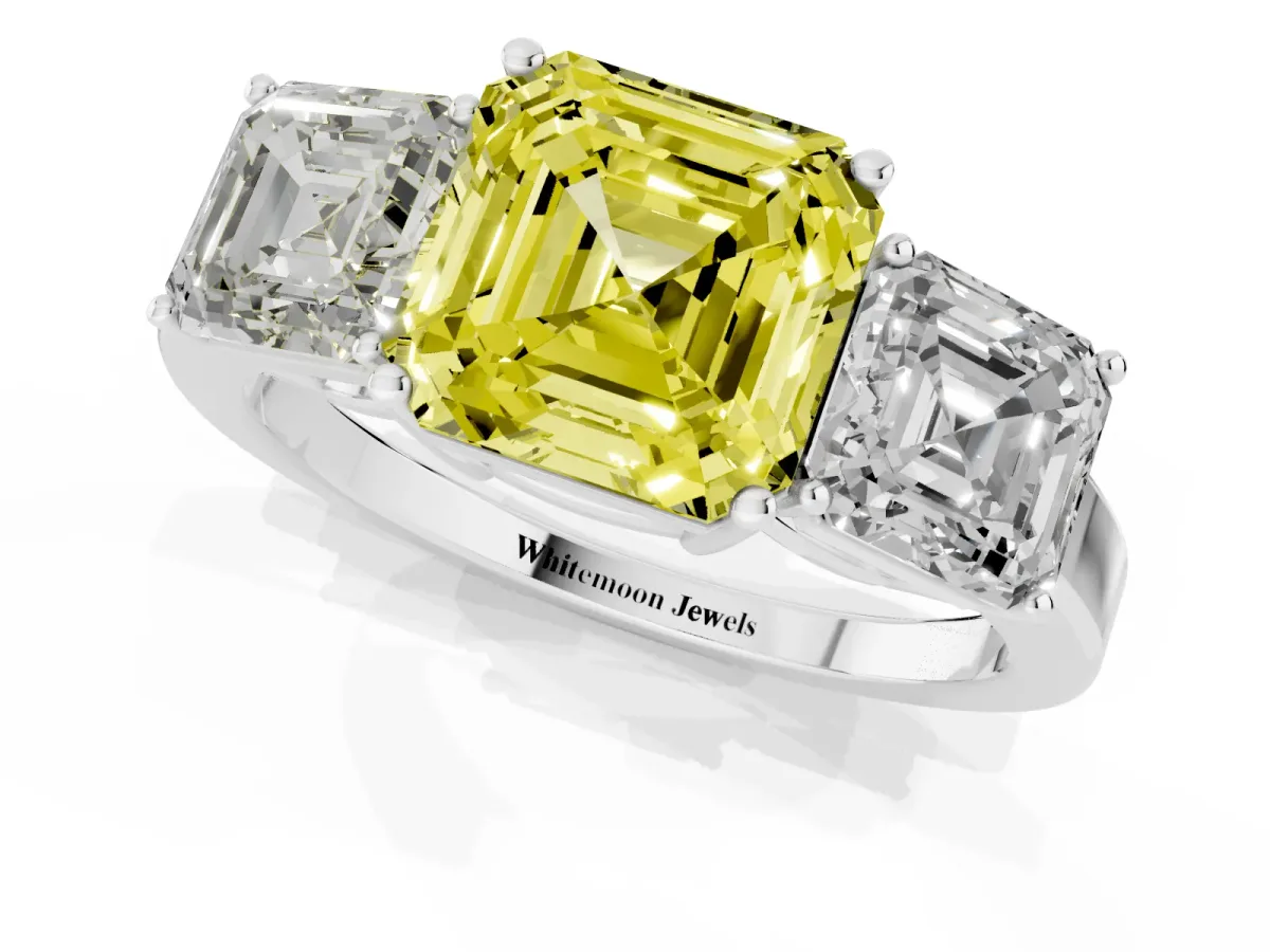 Fancy Yellow Three-Stone Asscher Cut Cut Diamond Engagement Ring with Flat Band and Four-Prong Setting Silver