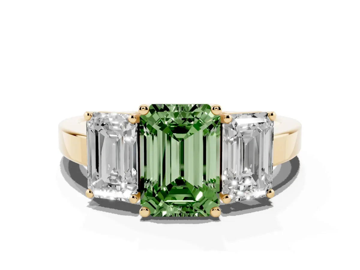 Fancy Green Three-Stone Emerald Cut Cut Diamond Engagement Ring with Flat Band and Four-Prong Setting Yellow gold
