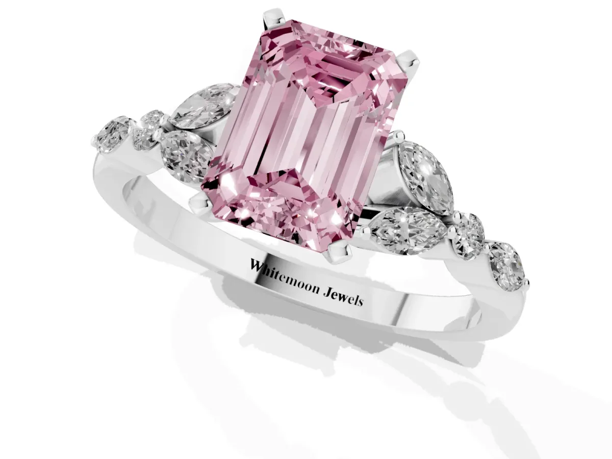 Fancy Pink Emerald Cut Diamond Solitaire Ring with Side Stones and Four-Prong Setting Silver