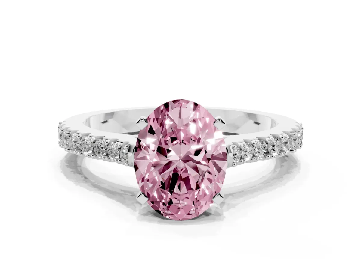 Fancy Pink Oval Cut Cut Solitaire Diamond Engagement Ring with Pave Band and Four-Prong Setting Platinum