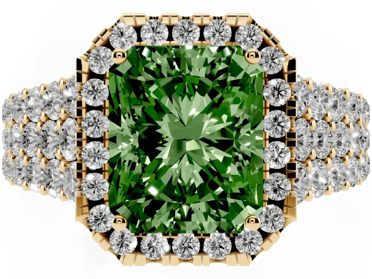 Fancy Green Radiant Cut Diamond Halo Engagement Ring with Triple Row Round Pavé Band and Prong Setting Yellow gold