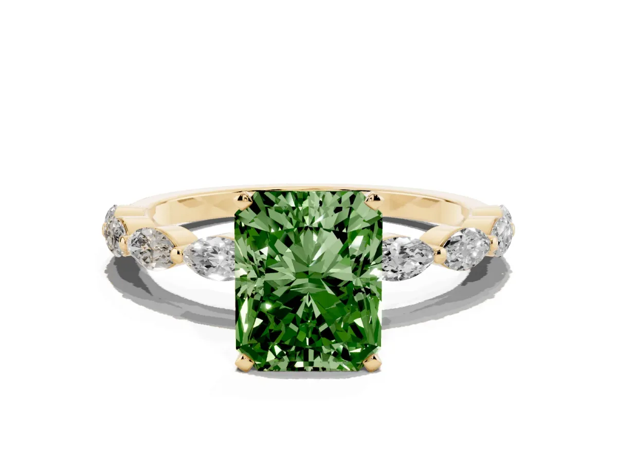 Fancy Green Radiant Cut Diamond Ring with Marquise Side Stones and Prong Setting Yellow gold