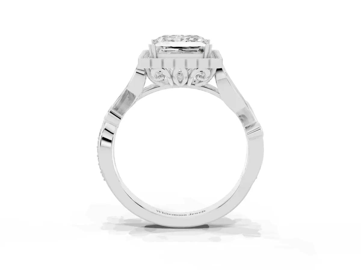 Princess Cut Diamond Halo Ring with Vintage Split Shank and Four-Prong Setting Silver