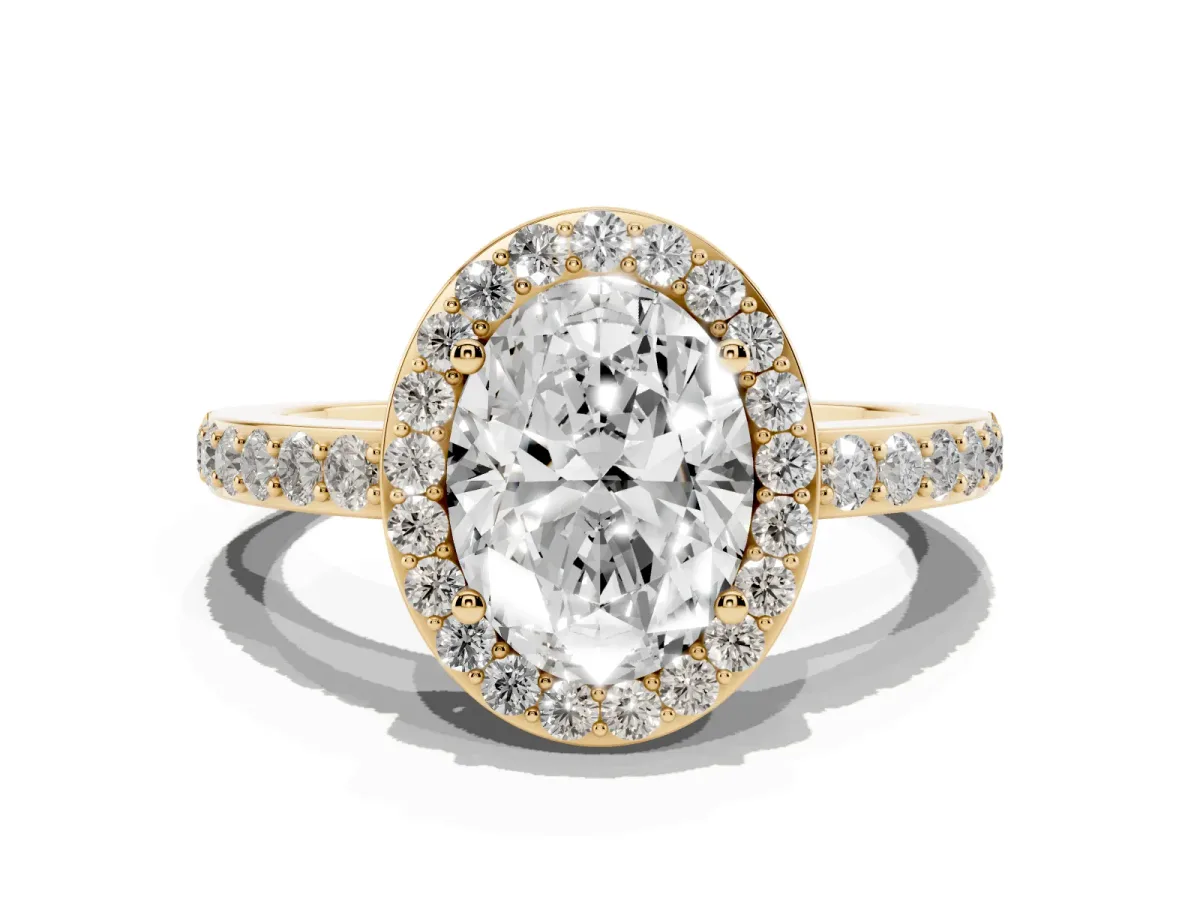 Oval Cut Halo Diamond Pavé Band Ring with Prong Setting Yellow gold