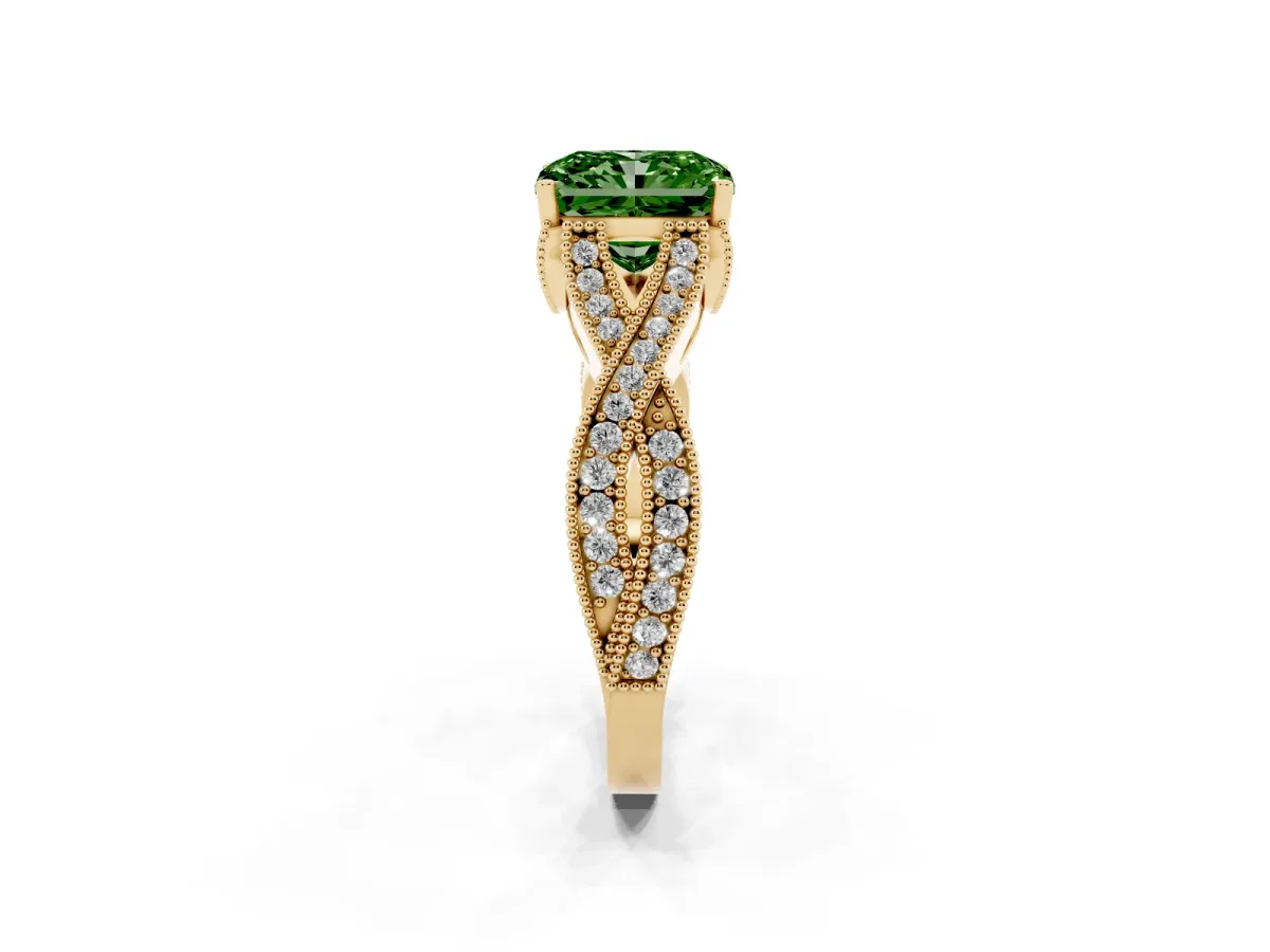 Fancy Green Radiant Cut Cut Diamond Twisted Band with Milgrain Pave Setting and Four-Prong Setting Yellow gold
