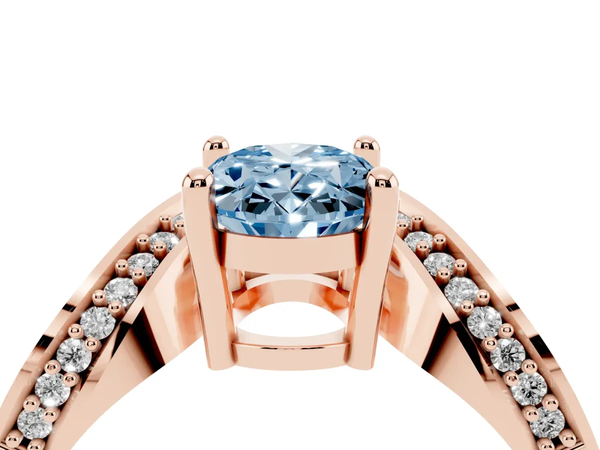 Fancy Blue Oval Cut Solitaire Diamond Engagement Ring with Pave Band and Four-Prong Setting Rose gold