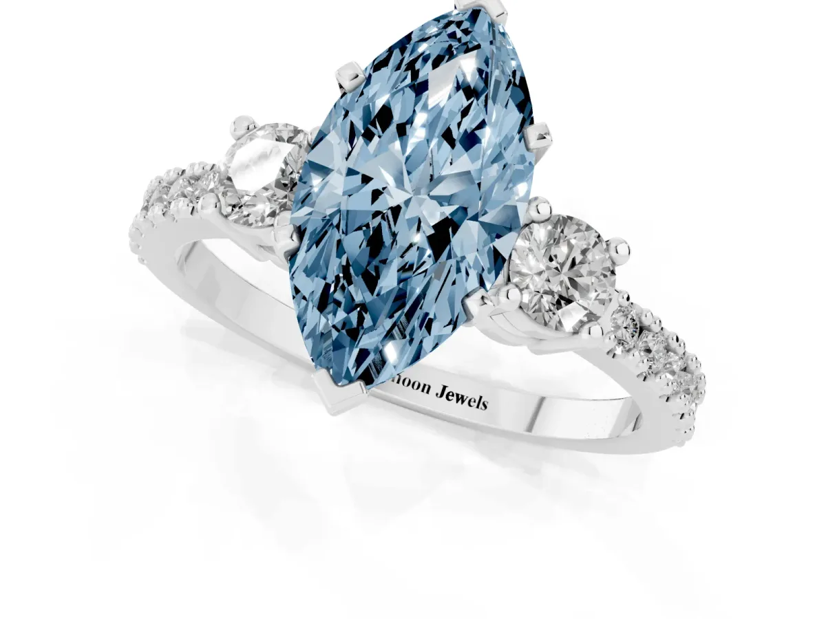 Fancy Blue Marquise Cut Three-Stone Diamond Pavé Band with Prong Setting Silver