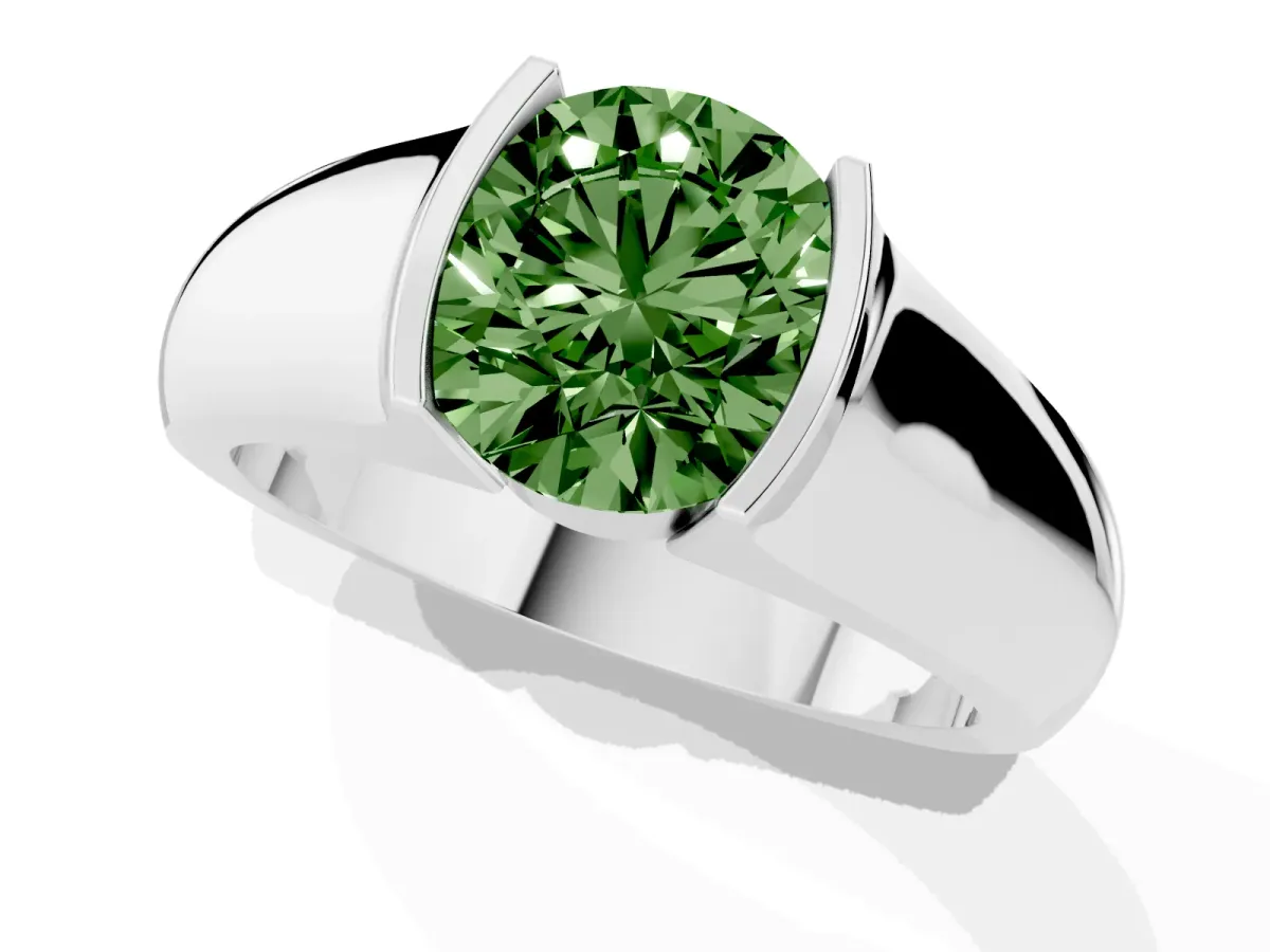 Fancy Green Round Cut Solitaire Bezel Set Diamond Ring with Wide Band Silver