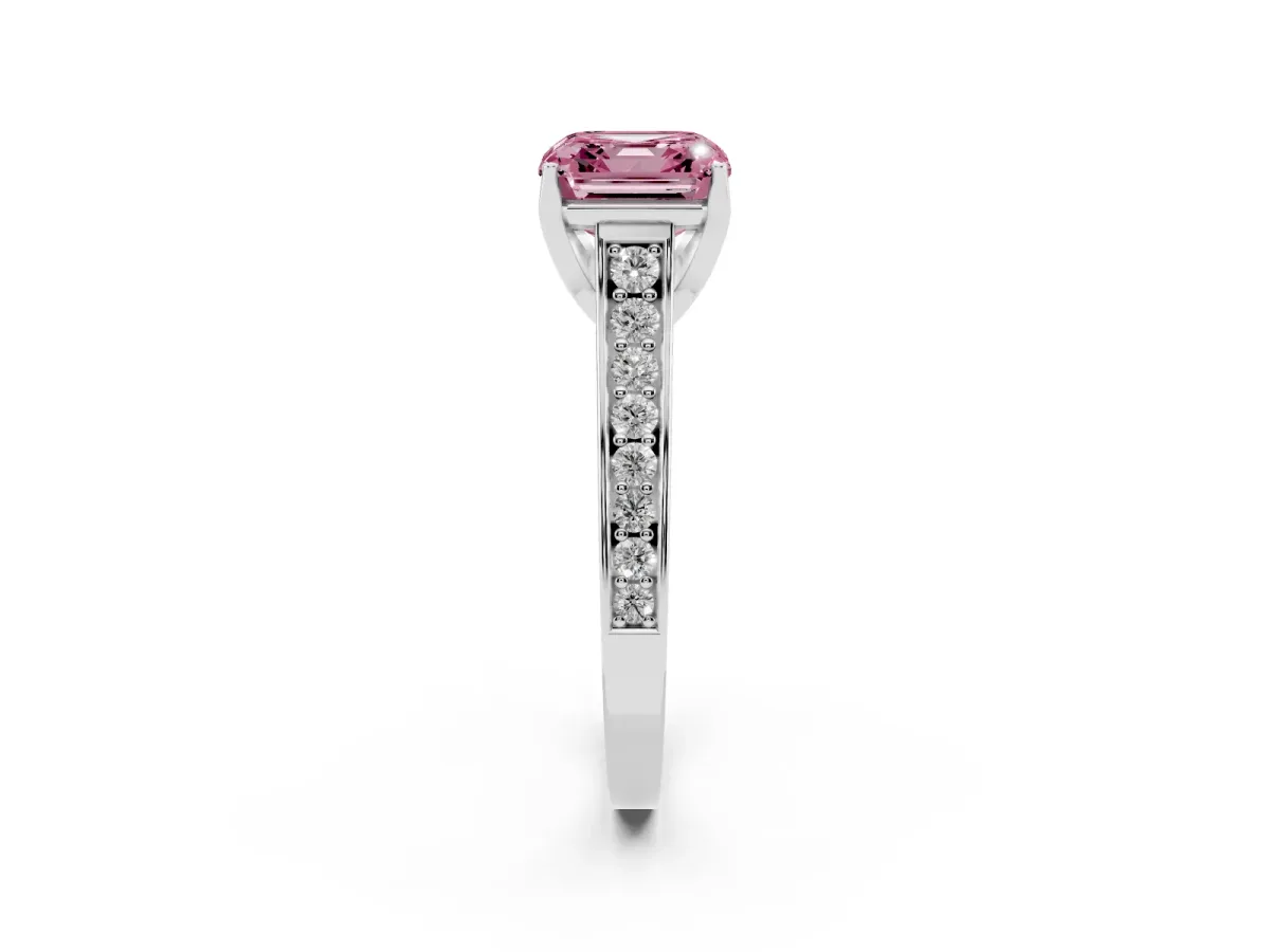 Fancy Pink Asscher Cut Brilliant Cut Diamond Engagement Ring with Pavé Band and Four-Prong Setting Silver