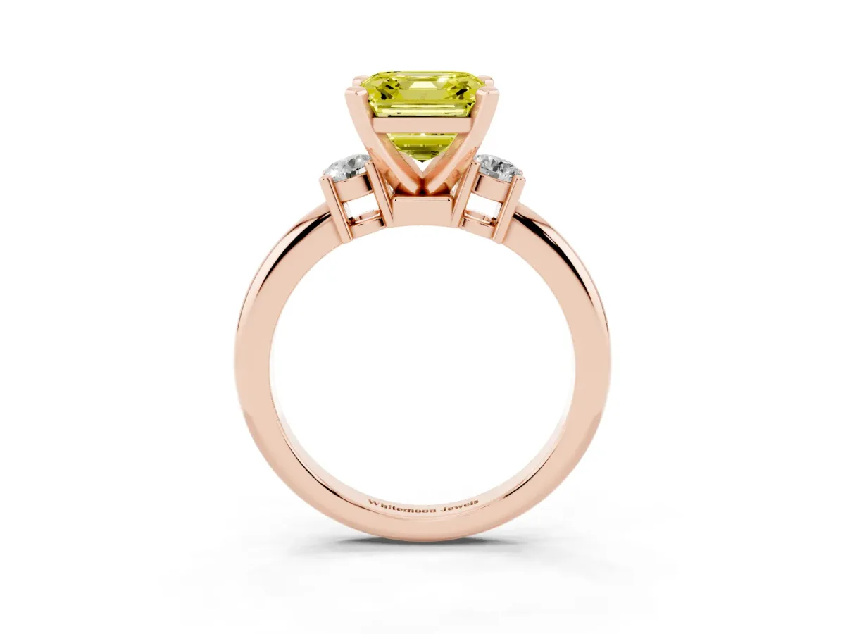 Fancy Yellow Three-Stone Asscher Cut Cut Diamond Solitaire with Prong Setting and Classic Band Rose gold