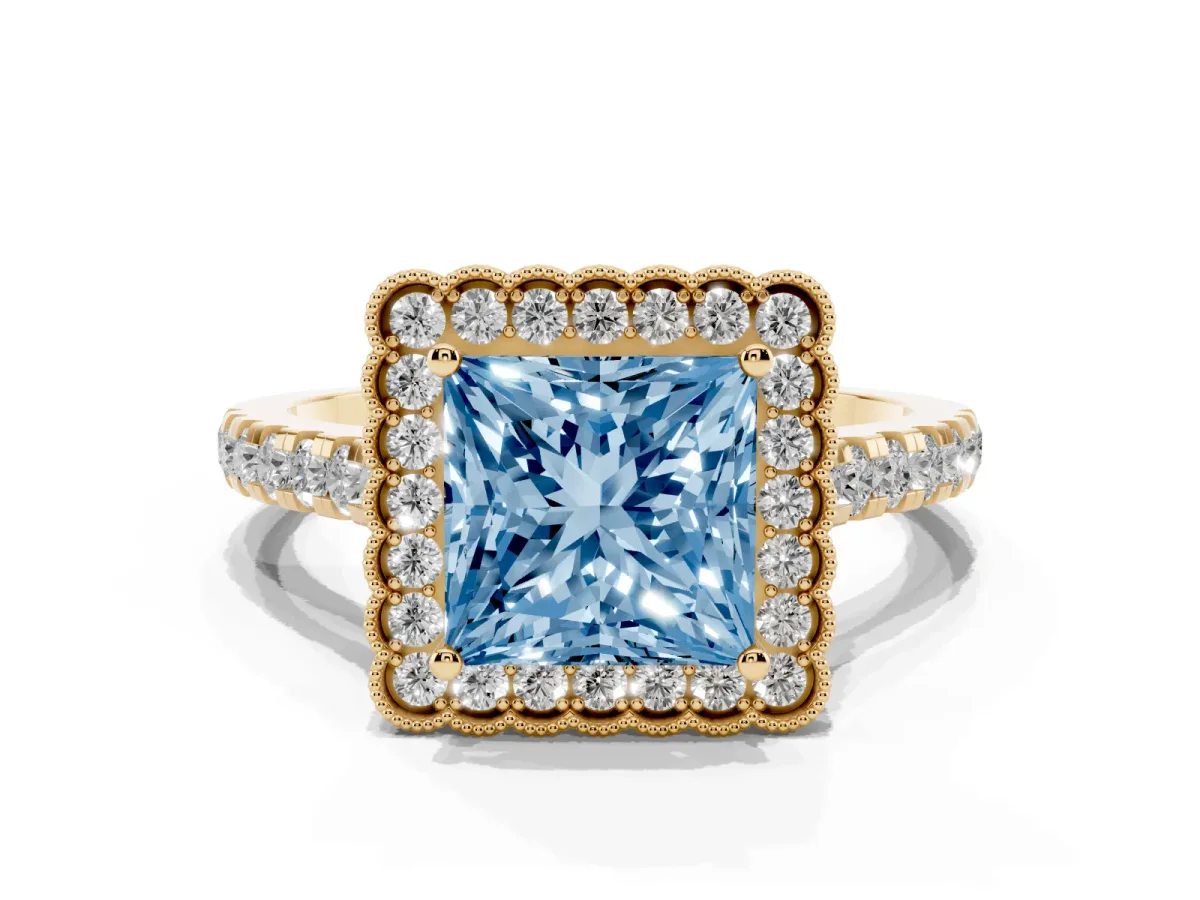 Fancy Blue Princess Cut Cut Diamond Milgrain Floral Halo Engagement Ring with Pavé Band Yellow gold