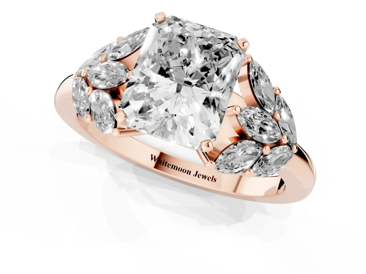 Radiant Cut Diamond Cluster Leaf Design Ring with Prong Setting Rose gold