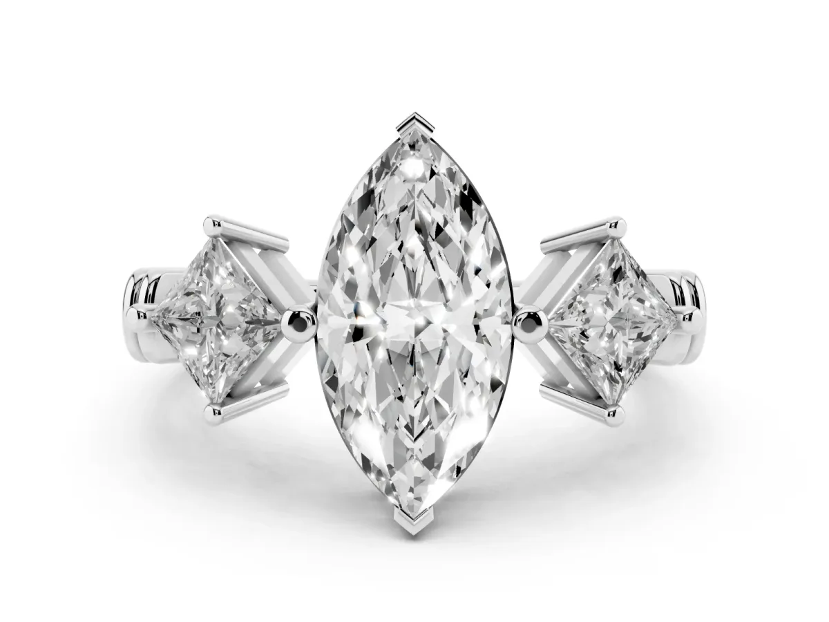 Three-Stone Marquise Cut and Princess Cut Diamond Ring with Channel Band and Four-Prong Setting White gold