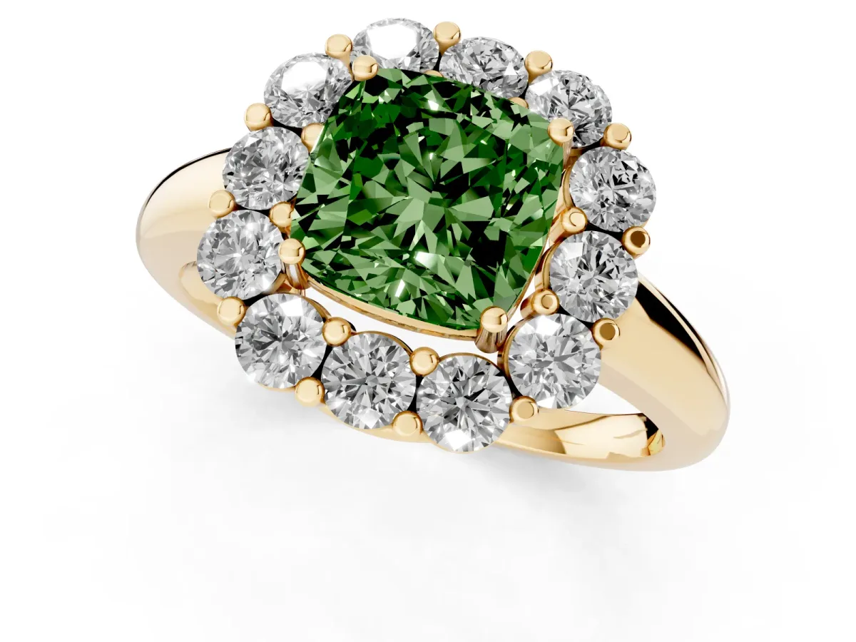 Fancy Green Cushion Cut Halo Cluster Diamond Engagement Ring with Prong Setting and Polished Band Yellow gold