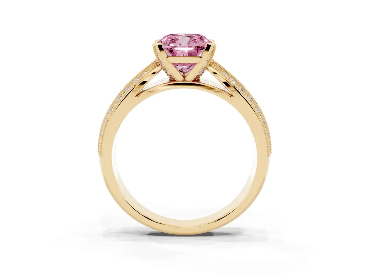 Fancy Pink Cushion Cut Diamond Solitaire Ring with Milgrain Round Pavé Band and Prong Setting Yellow gold