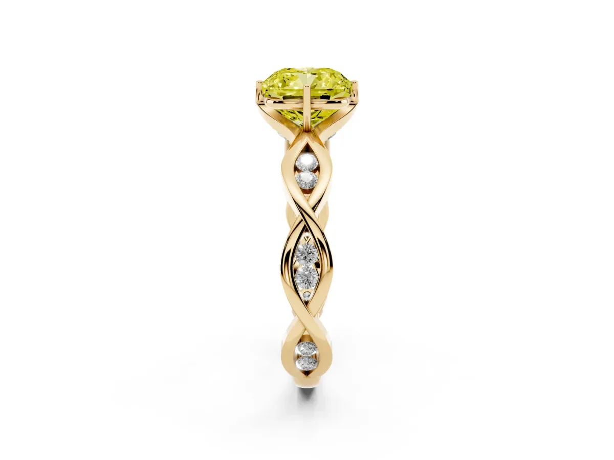 Fancy Yellow Cushion Cut Solitaire Twist Band with Leaf Prong Setting Yellow gold