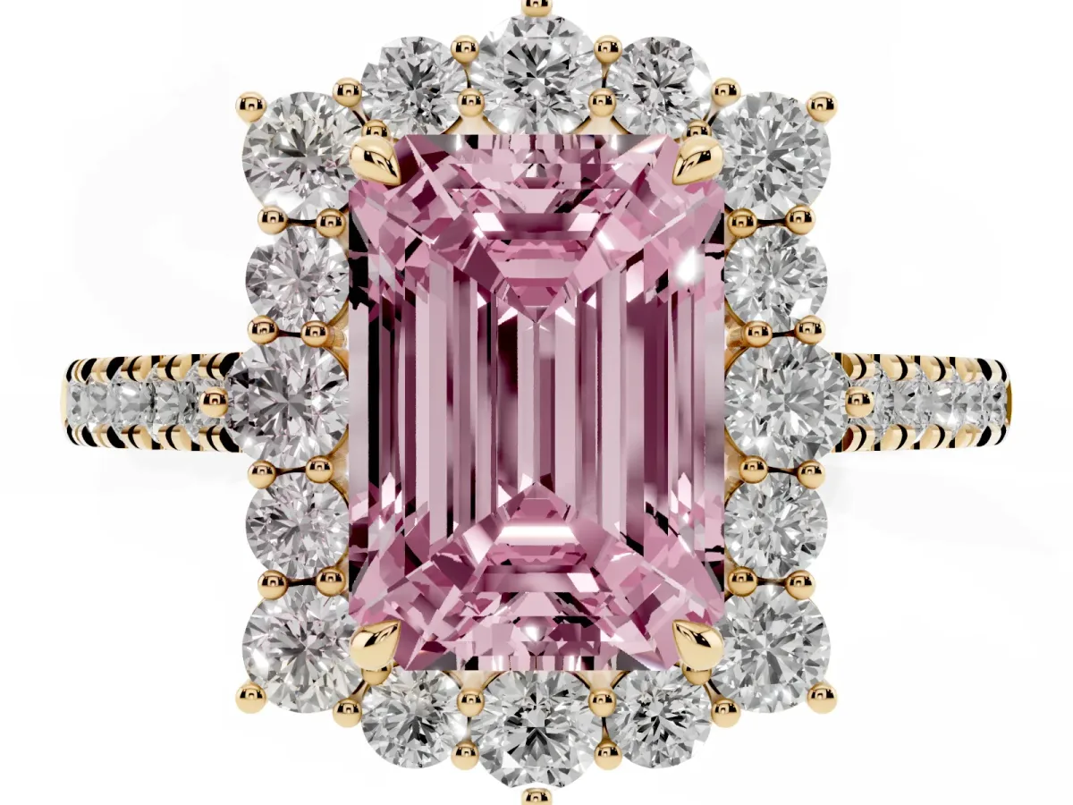 Fancy Pink Emerald Cut Halo Diamond Ring with Pavé Band and Prong Setting Yellow gold