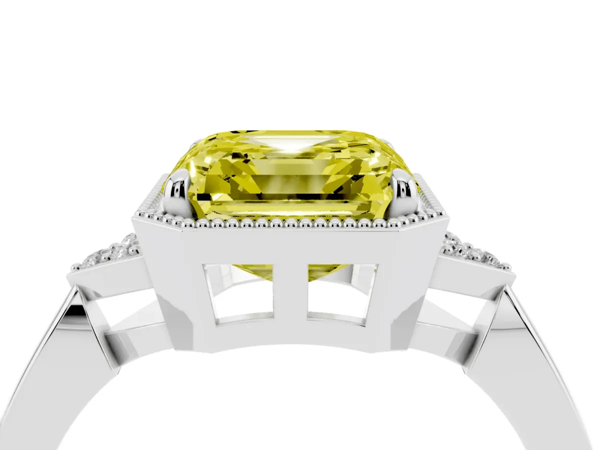 Fancy Yellow Asscher Cut Diamond Halo Ring with Tapered Band and Four-Prong Setting Platinum