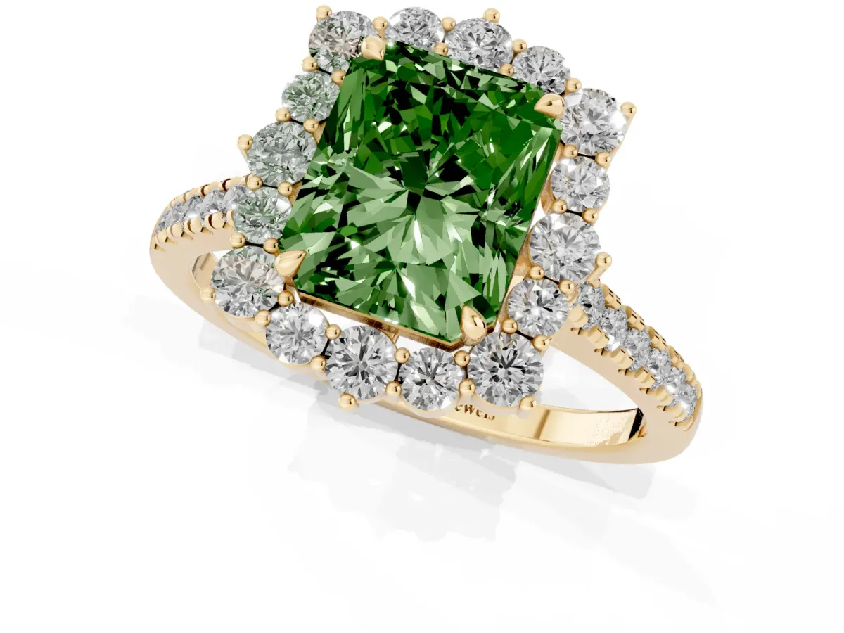 Fancy Green Radiant Cut Halo Diamond Ring with Pavé Band and Prong Setting Yellow gold