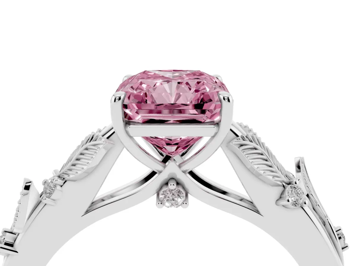 Fancy Pink Radiant Cut Diamond Solitaire Ring with Leaf Motif Band and Four-Prong Setting Silver