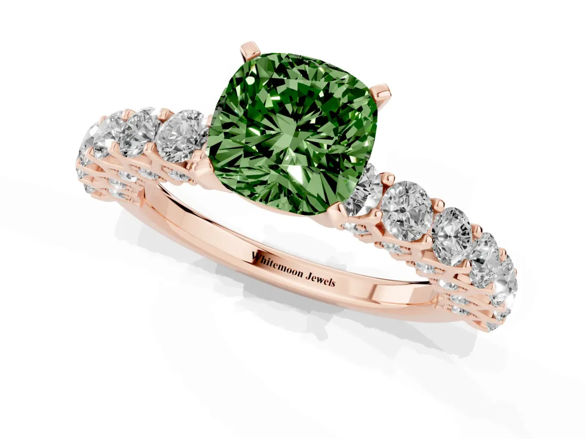 Fancy Green Cushion Cut Diamond Solitaire Ring with Shared Prong Pavé Band and Four-Prong Setting Rose gold