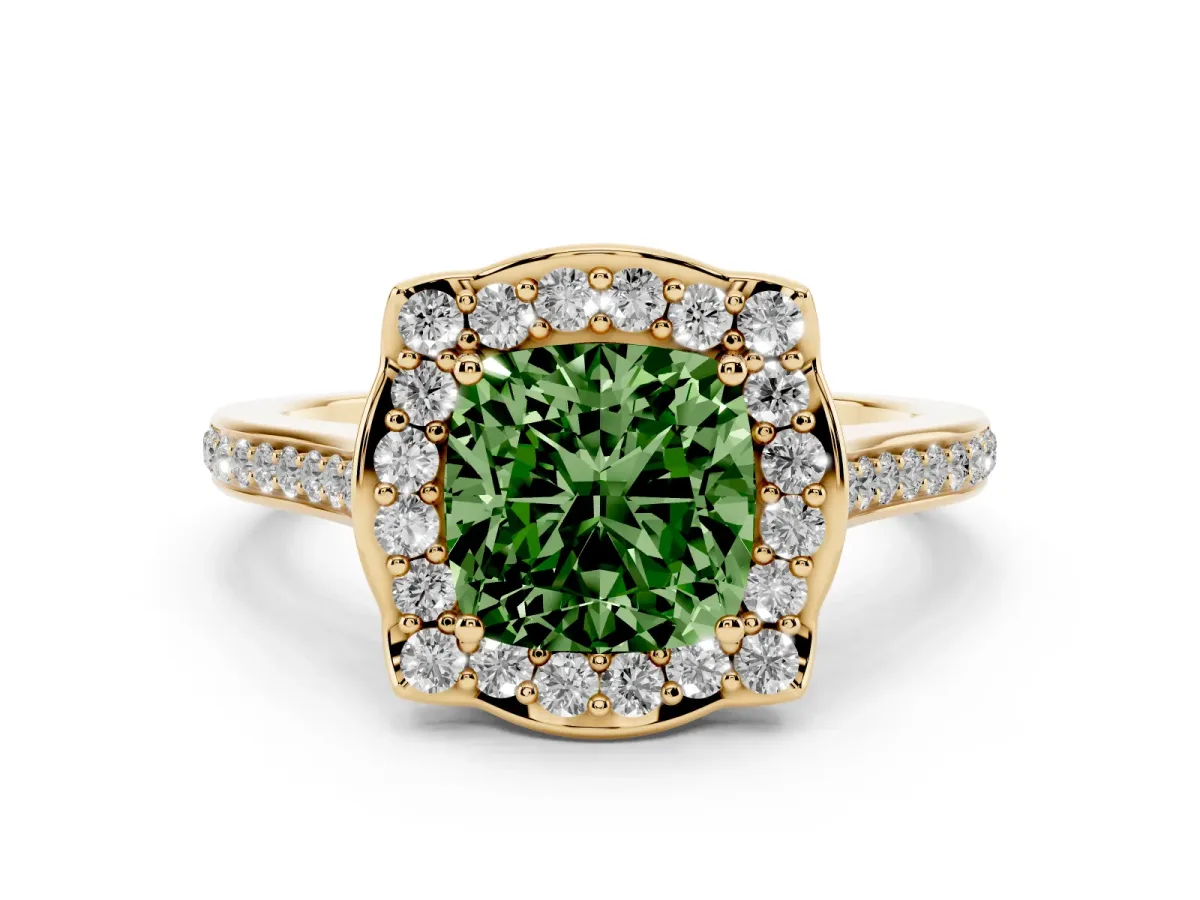 Fancy Green Cushion Cut Halo Round Diamond Pave Band with Four-Prong Setting Yellow gold