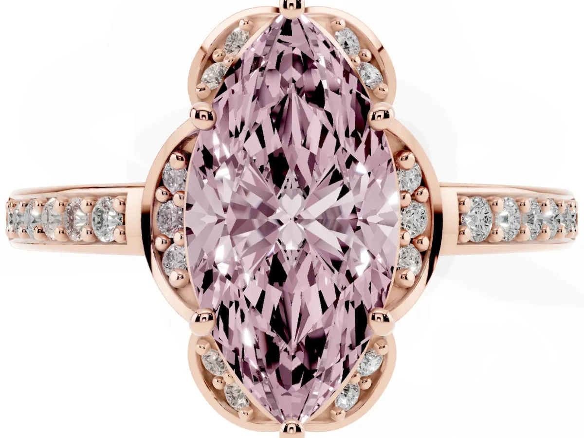 Fancy Pink Marquise Cut Cut Halo Diamond Ring with Channel Set Band and Four-Prong Setting Rose gold