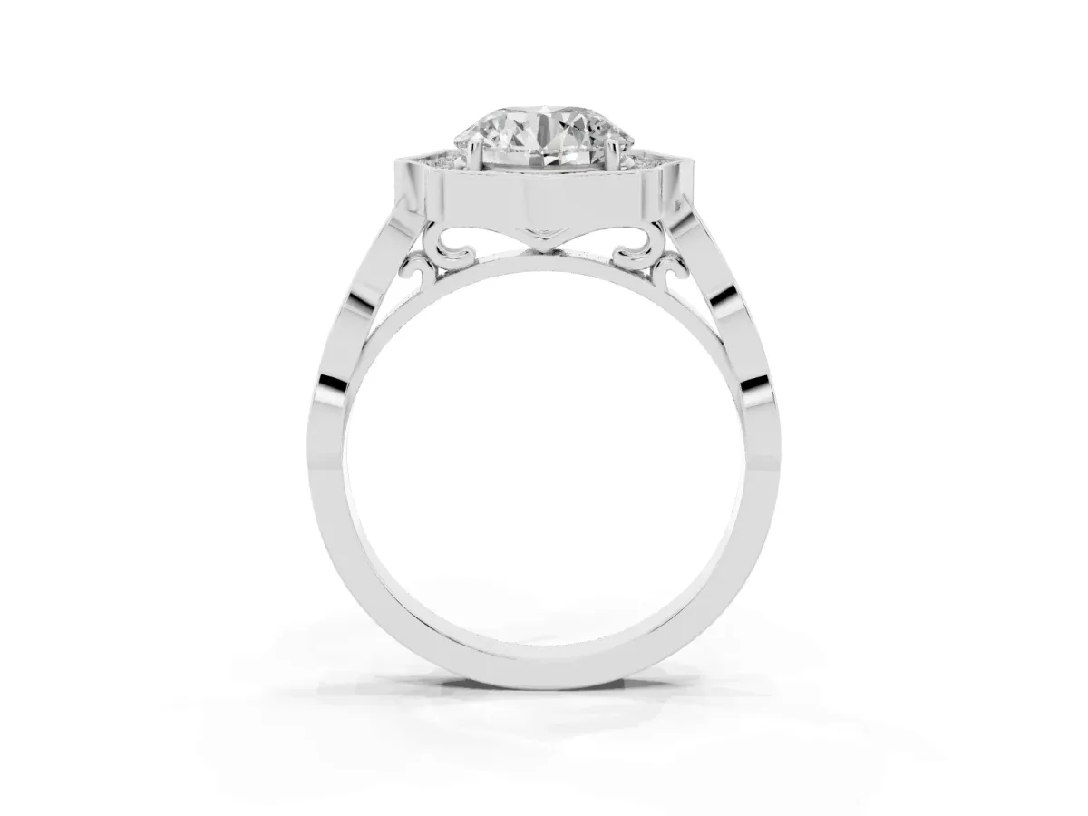 Round Cut Halo Diamond Engagement Ring with Milgrain Band and Four-Prong Setting Silver