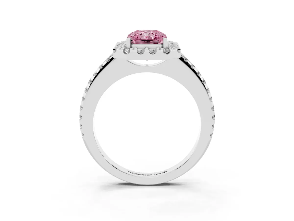 Fancy Pink Radiant Cut Diamond Pavé Halo Ring with Four-Prong Setting Silver