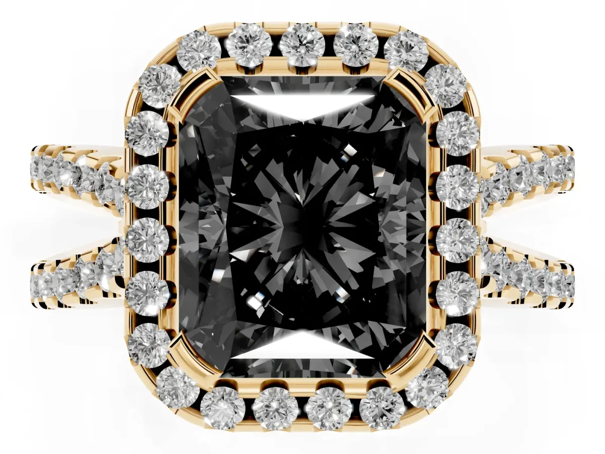 Fancy Black Radiant Cut Diamond Halo Ring with Split Shank Pavé Band and Prong Setting Yellow gold