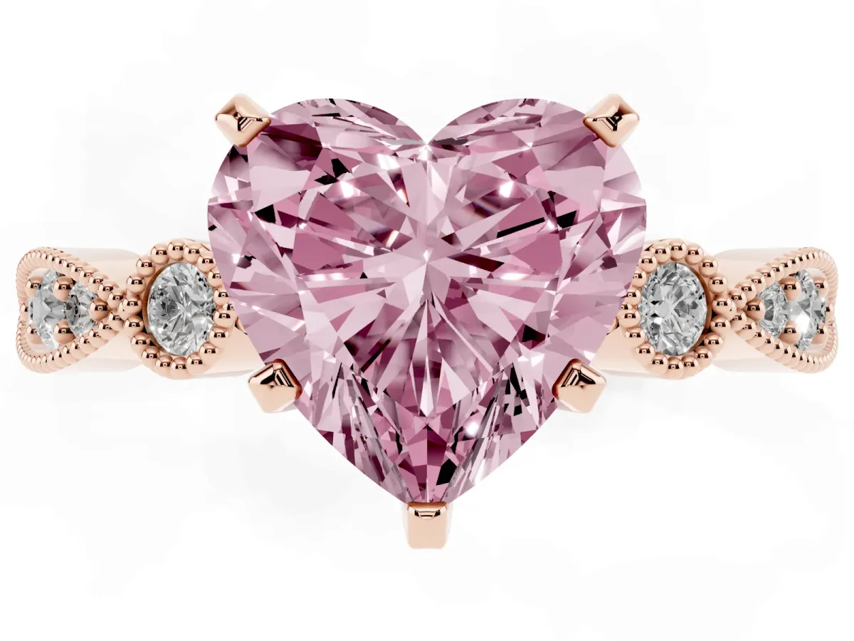 Fancy Pink Heart Cut Milgrain Bezel Diamond Engagement Ring with Solitaire Prong Setting Rose gold