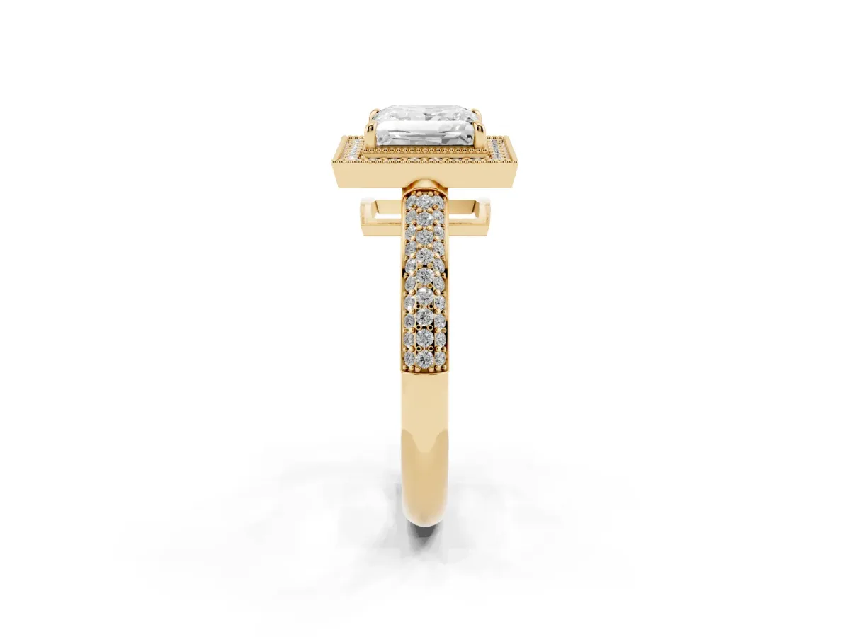 Princess Cut Cut Halo Diamond Pave Band with Four-Prong Setting Yellow gold