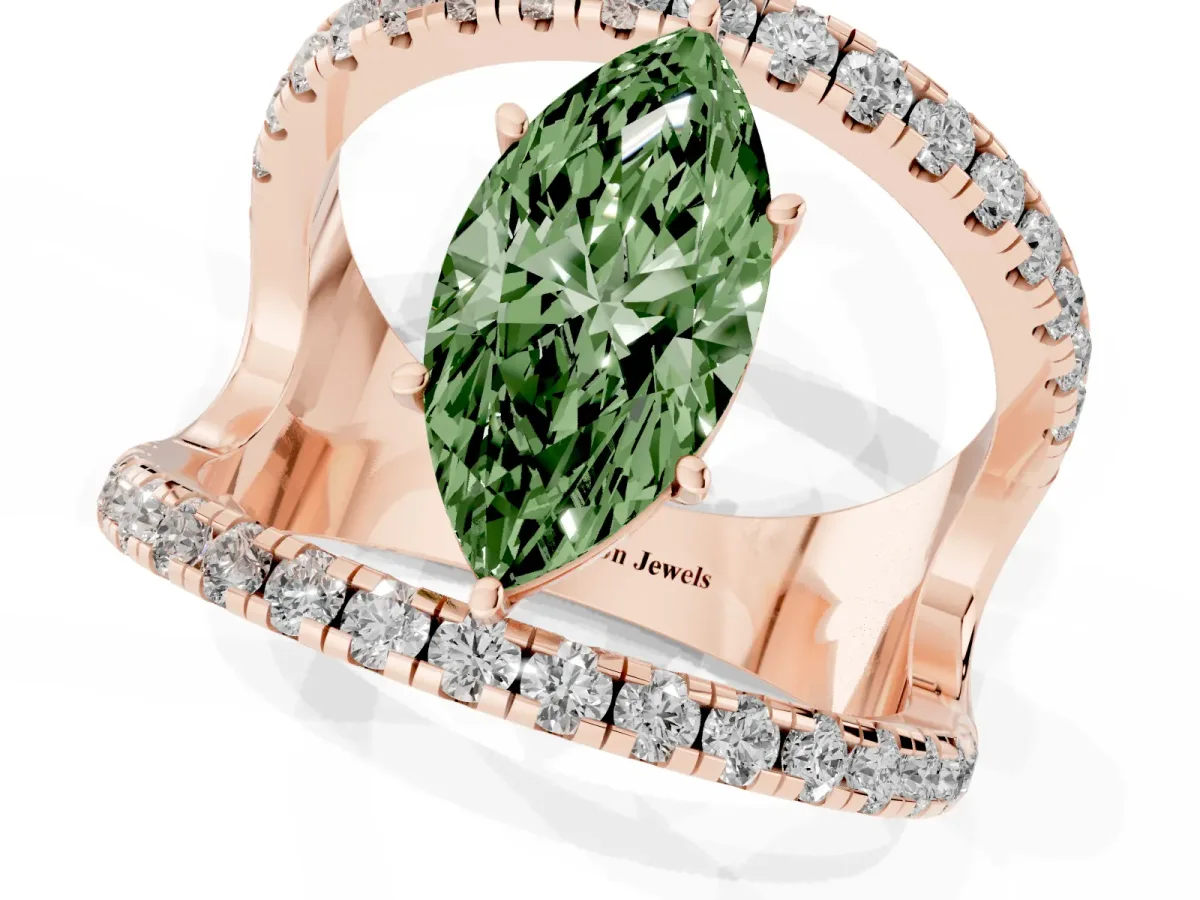 Fancy Green Marquise Cut Solitaire Split Shank Pave Diamond Ring Rose gold