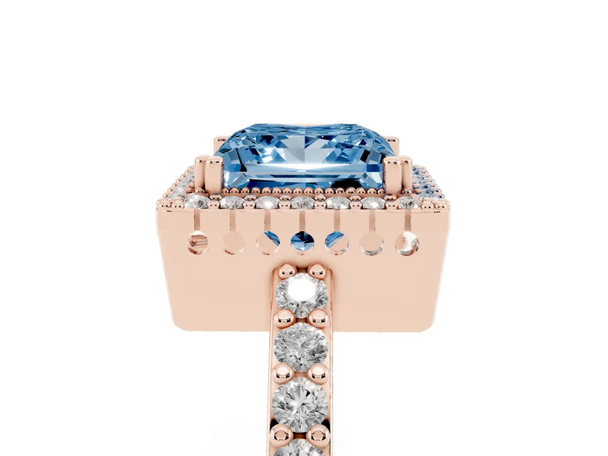 Fancy Blue Princess Cut Cut Diamond Halo Engagement Ring with Milgrain Detail and Pavé Band Rose gold