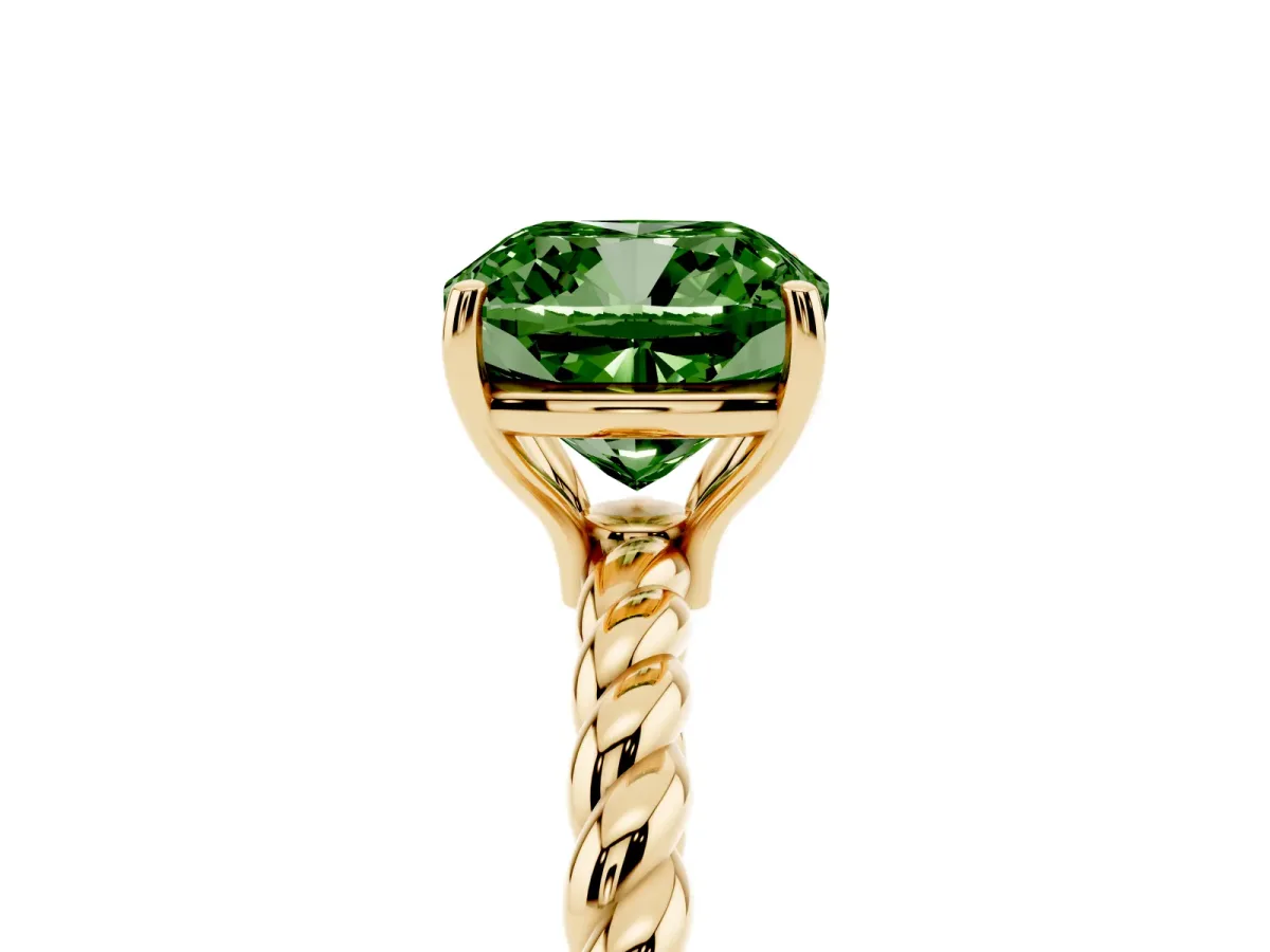 Fancy Green Cushion Cut Solitaire Twist Band Ring with Four-Prong Setting Yellow gold