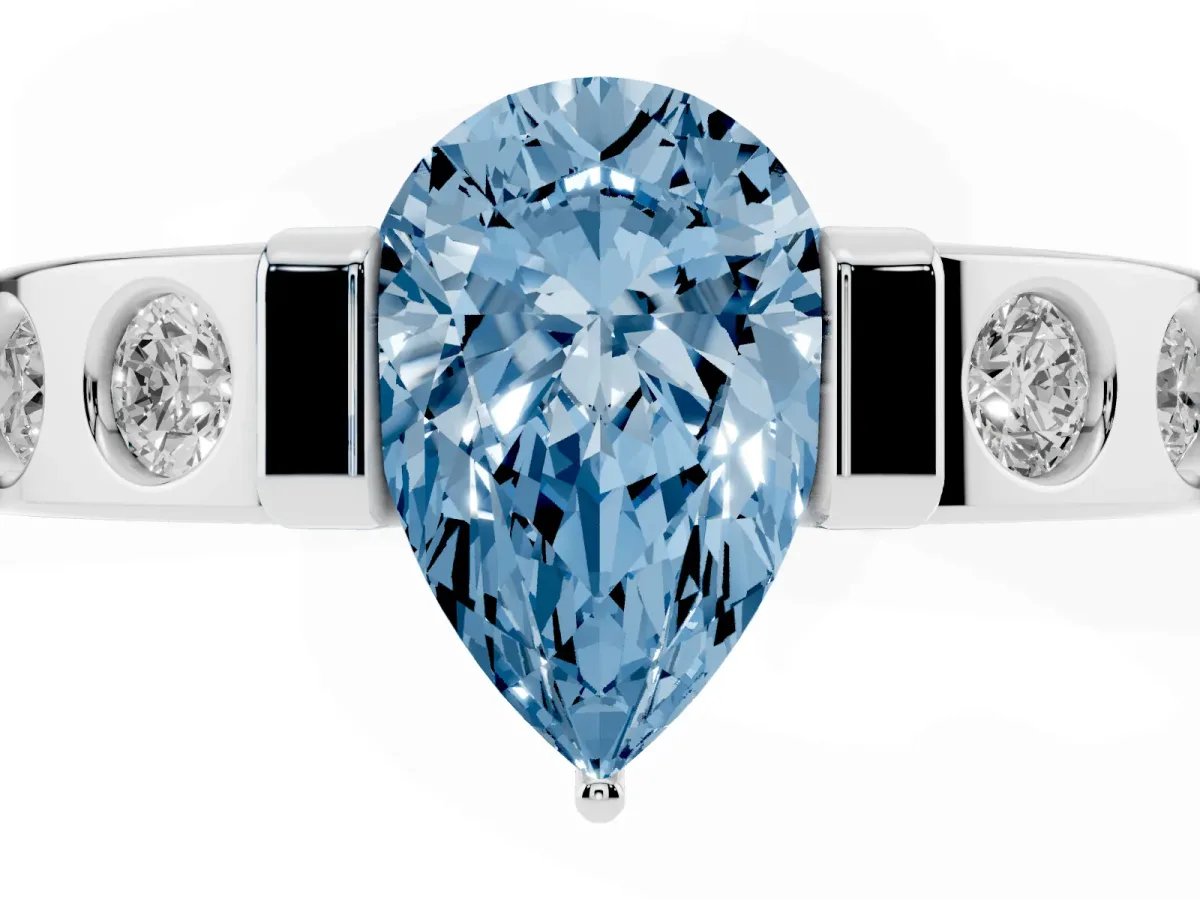 Fancy Blue Pear Cut Brilliant Channel-Set Diamond Ring with Bezel Prong Setting Silver