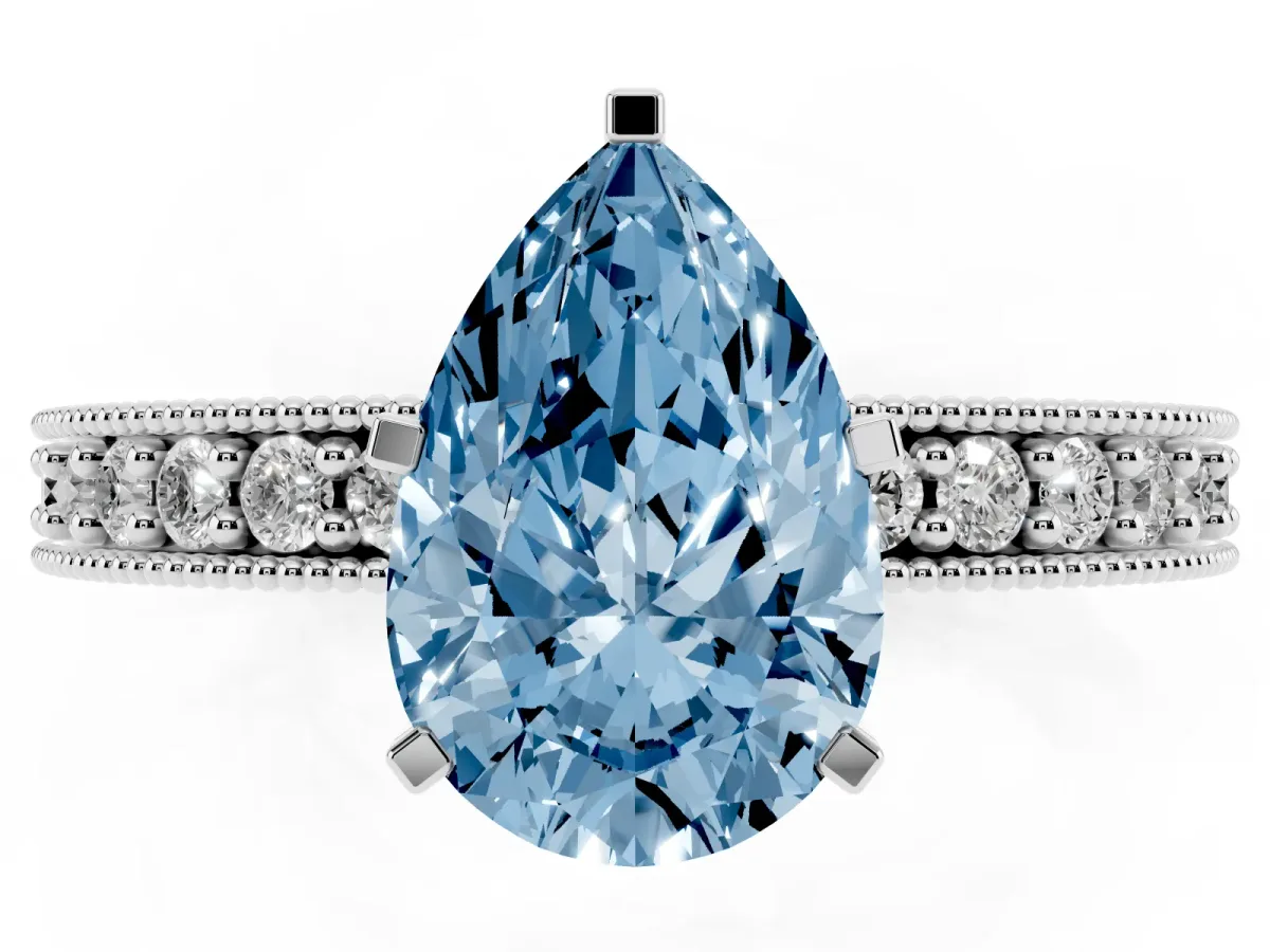 Fancy Blue Pear Cut Diamond Milgrain Pavé Engagement Ring with Four-Prong Setting Platinum
