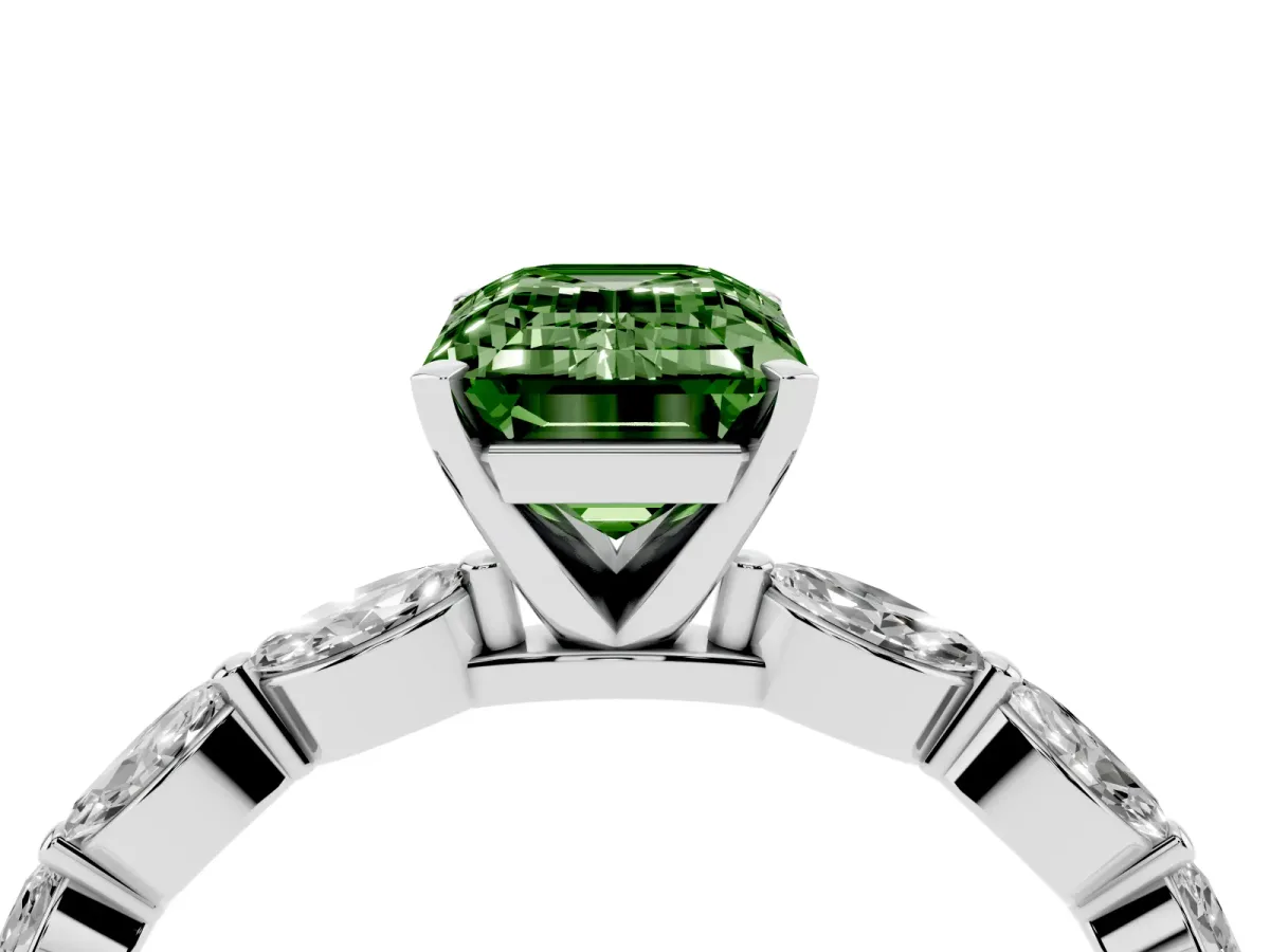 Fancy Green Emerald Cut Diamond Ring with Marquise Side Stones and Prong Setting Platinum