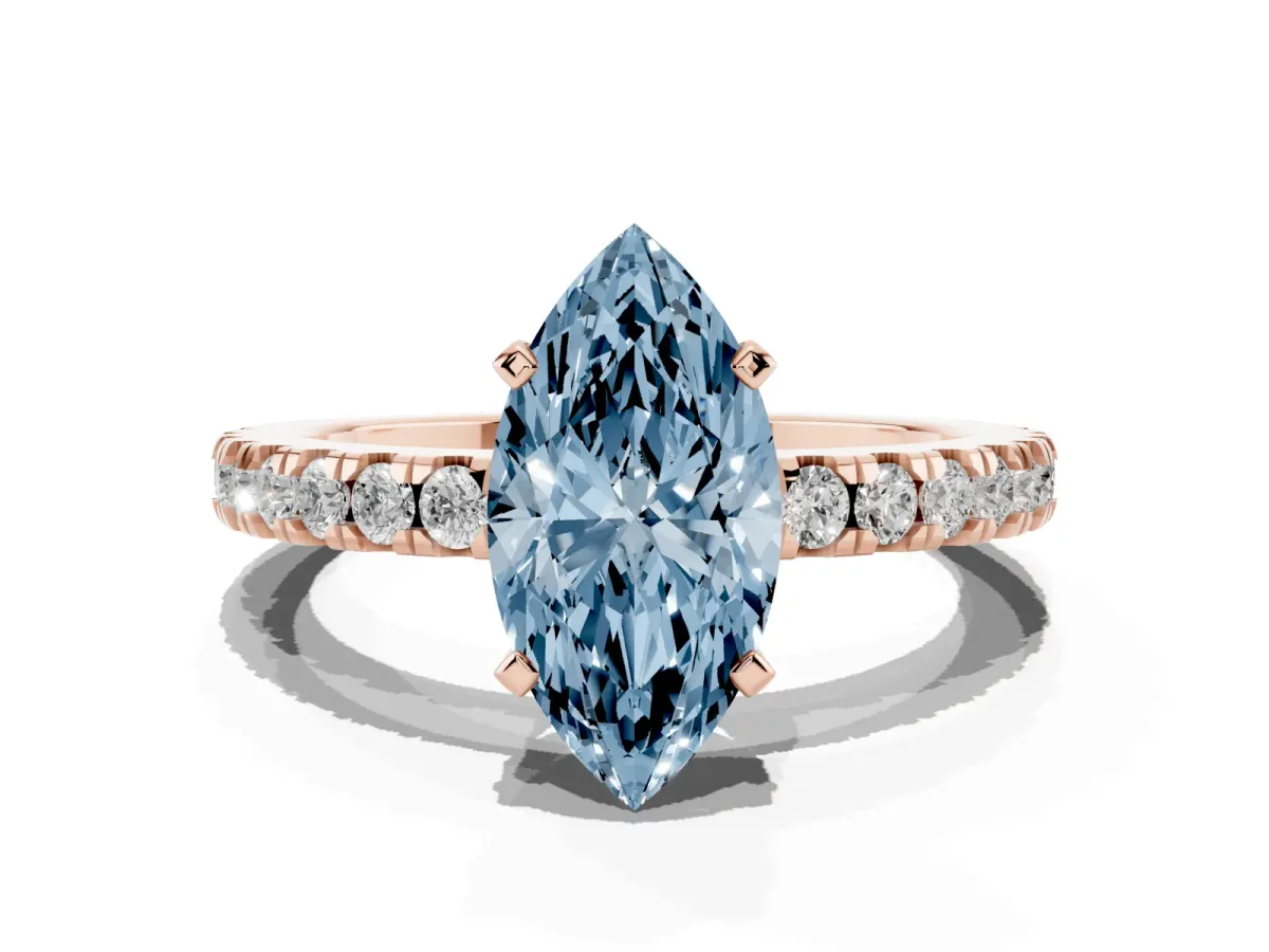 Fancy Blue Marquise Cut Solitaire Diamond with Pavé Band and Four-Prong Setting Rose gold