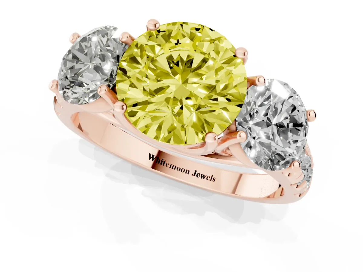 Fancy Yellow Three-Stone Round Cut Diamond Pavé Band with Prong Setting Rose gold