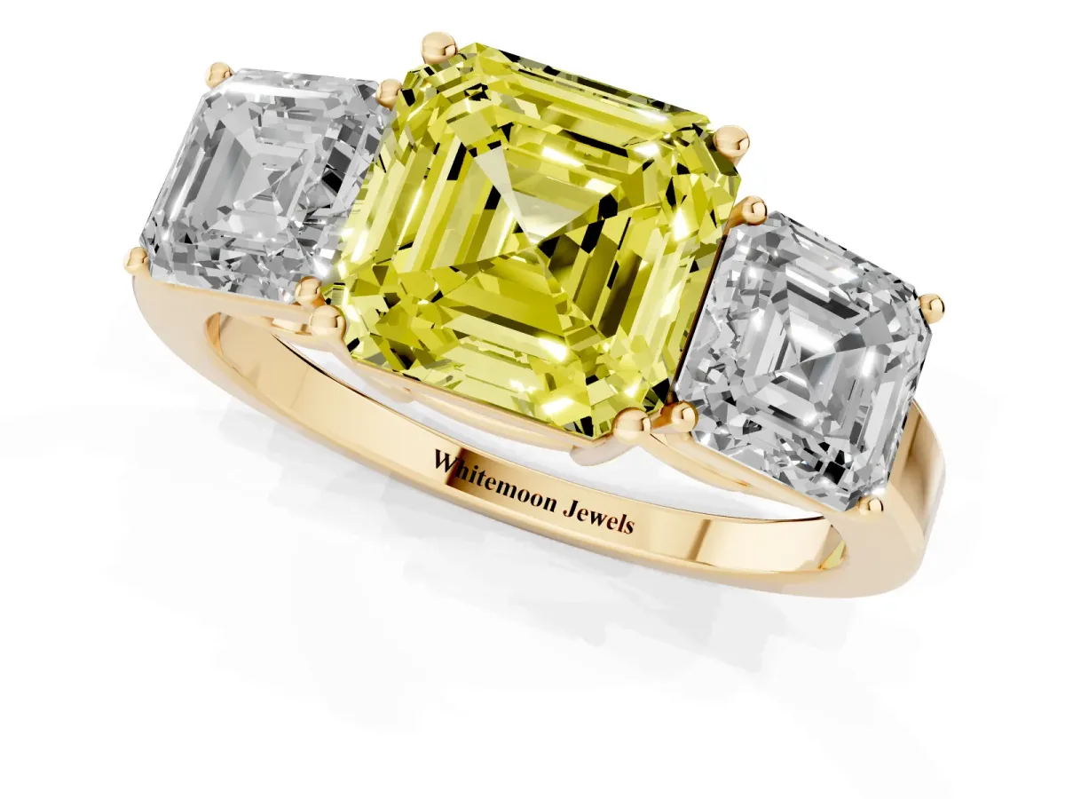 Fancy Yellow Three-Stone Asscher Cut Cut Diamond Engagement Ring with Flat Band and Four-Prong Setting Yellow gold