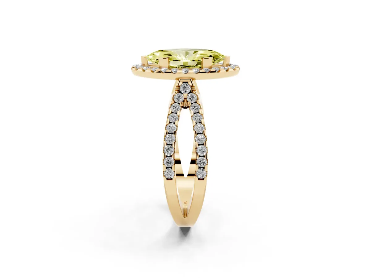 Fancy Yellow Marquise Cut Diamond Halo Ring with Split Shank Pavé Band and Prong Setting Yellow gold