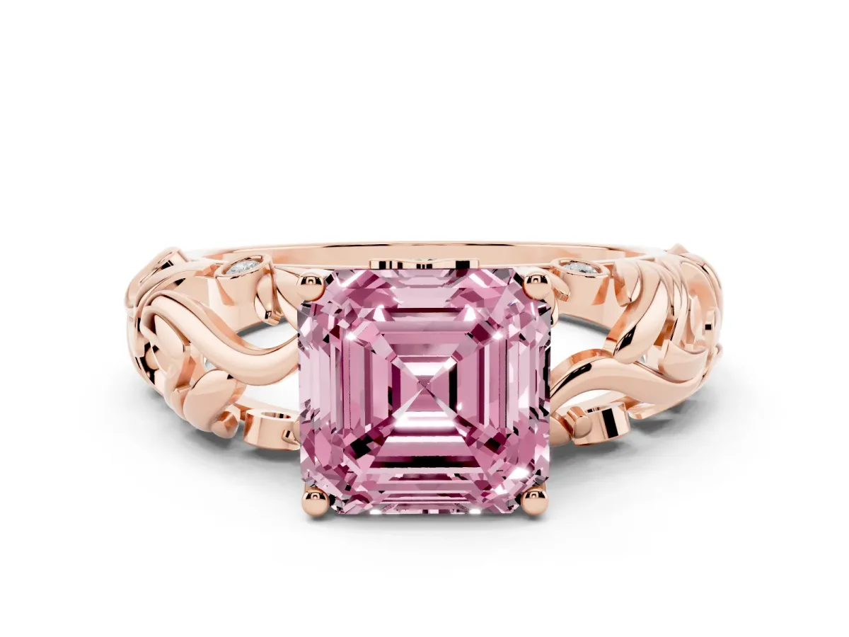 Fancy Pink Asscher Cut Solitaire Diamond Leaf-Inspired Vine Band Ring with Prong Setting Rose gold